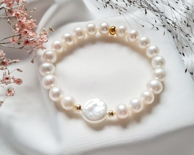 Armband Weiße Süßwasserperlen Perlenarmband Perlmuttperlenschmuck - Schimmerndes Armband