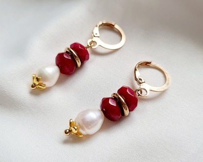 Ohrringe Süßwasser-Zucht-Perlen Jadeperlen rot elegant - Perlen Schmuck funkelnde