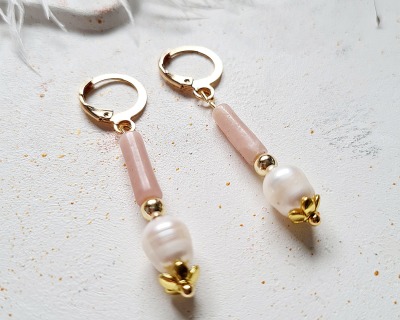 Ohrringe Süßwasser-Zuchtperlen Rosenquarz-Tube handgefertigt elegant - Perlen Schmuck