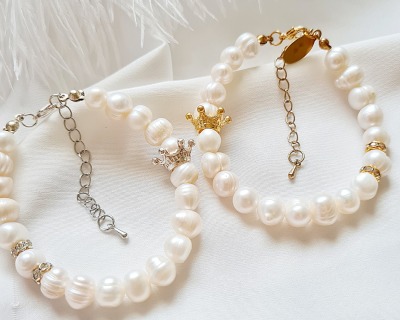 Armbänder | Süßwasser-Zucht-Perlen - Verstellbar | Krone | individueller Stil