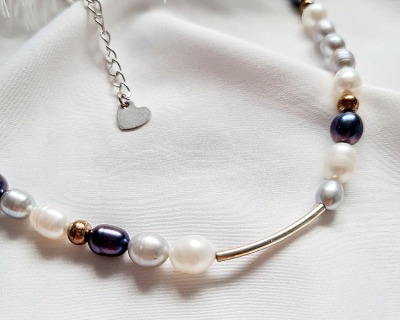 Halskette, Halskette blaugrau Süßwasser-Zuchtperlen vielseitig kombinierbar hochwertig -