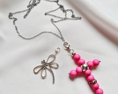 Halskette Gliederkette Kreuz-Anhänger Libellen-Anhänger pink - ausgefallen