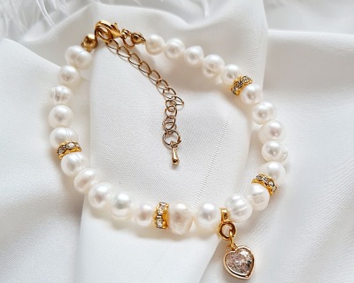 Armband Schmuck Damen Frauen Süßwasser-Zucht-Perlen Herzanhänger Eleganz Glamour -
