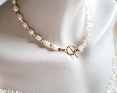 Sommer Look Halskette aus Citrinsplittern Süßwasserperlen - sommerlich Hingucker Perlen