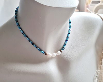 Funkelnde Perlenkette Süßwasser Perlen Glasperlen blaue Perlen - Perlen Halskette Perlen