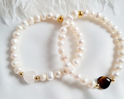 Armbänder | Süßwasser-Zucht-Perlen | Herz-Perle - Elastische Armbänder | Mini-Herzen |