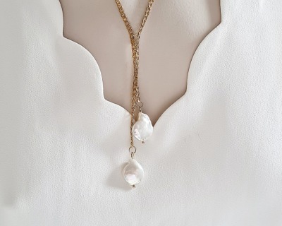 Halskette | Edelstahl - Lange Halskette | 18k | vergoldetem | Süßwasser-Zucht-Perlen |