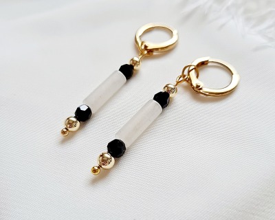 Ohrringe Milchquarz Süßwasser-Zuchtperlen schwarz-weiß Design Eleganz - Perlen Schmuck