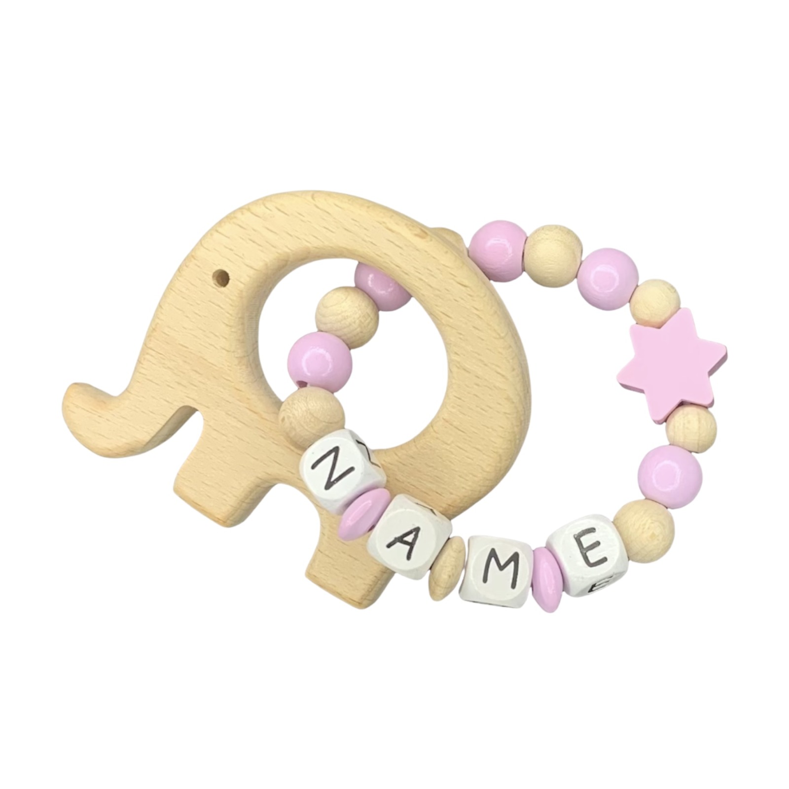 Greifling mit Beißanhänger Elefant & Stern aus Holz - Name personalisiert - rosa