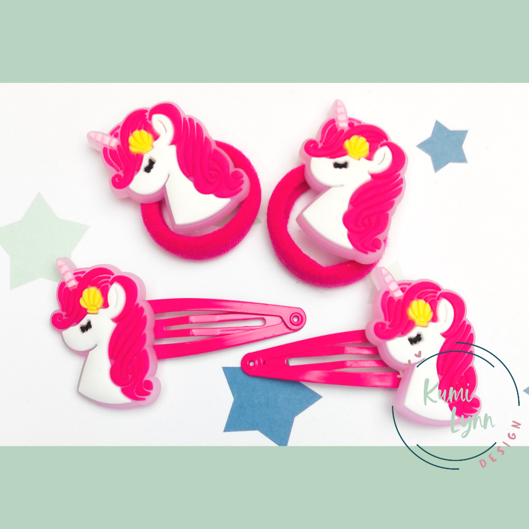 Einhornkopf pink Haarschmuck, Haarspange, Zopfgummi -verschiedene Sets wählbar-