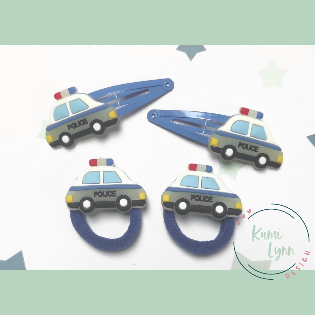 Polizeiauto Haarschmuck, Haarspange, Zopfgummi -verschiedene Sets wählbar- leuchtet im Dunkeln 2