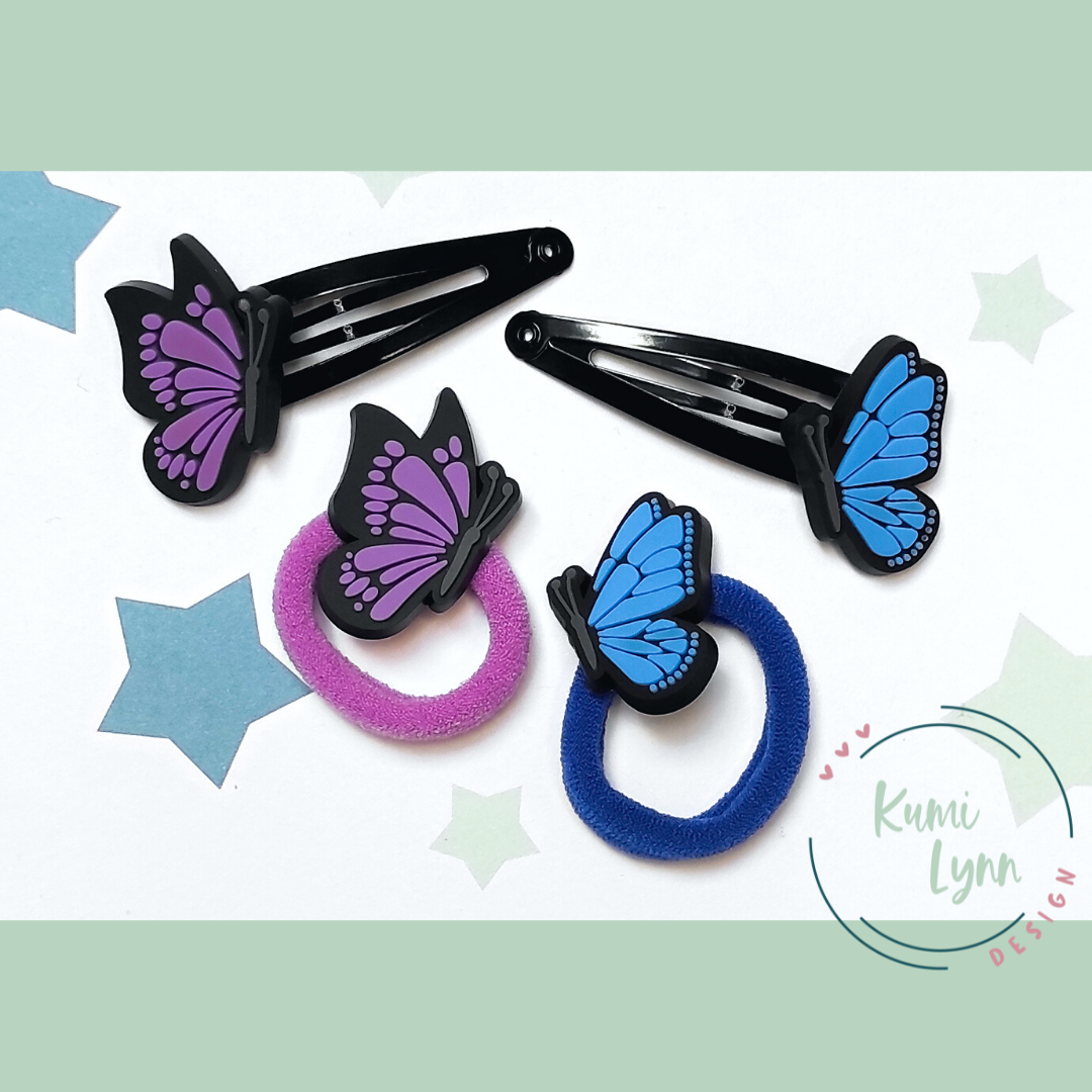 Schmetterling Lila/Blau Haarschmuck, Haarspange, Zopfgummi -verschiedene Sets wählbar-
