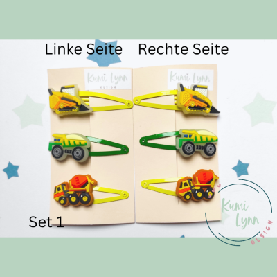3er Set Haarspangen mit Baufahrzeuge grün/gelb