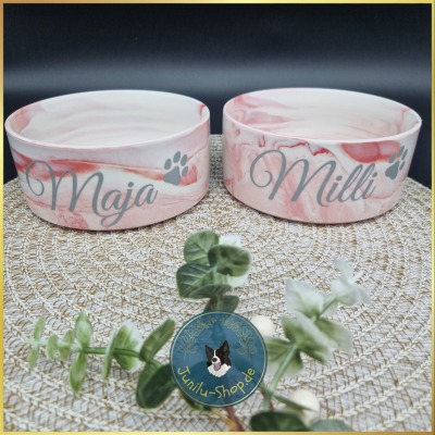 Personalisierter Hundenapf Marmor Grau &amp; Rosa - Keramiknapf für Hunde