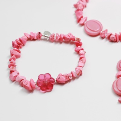 Armband - Naturstein - böhmische Perle - 925 Silber - Pink Flowers