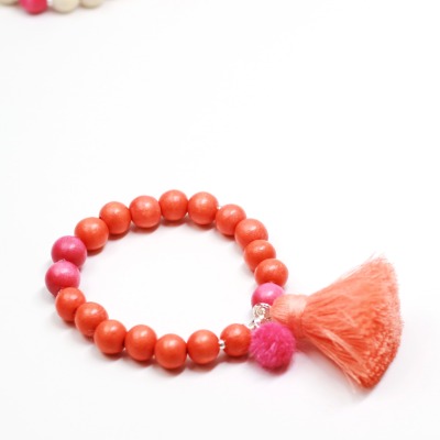 Armband aus Holzperlen mit Quasten und 925 Silber - Happy Ball Orange Pink