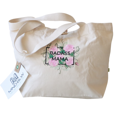 Shopper Tasche beige - Besticker Shopper mit Spruch und Bild / Badass Mama