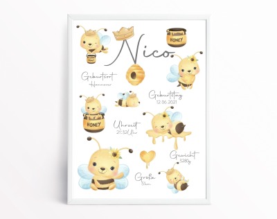 Geburtsdaten Poster - Geschenk zur Geburt/Taufe - Personalisiert - Geburtsdaten Poster - Bienen